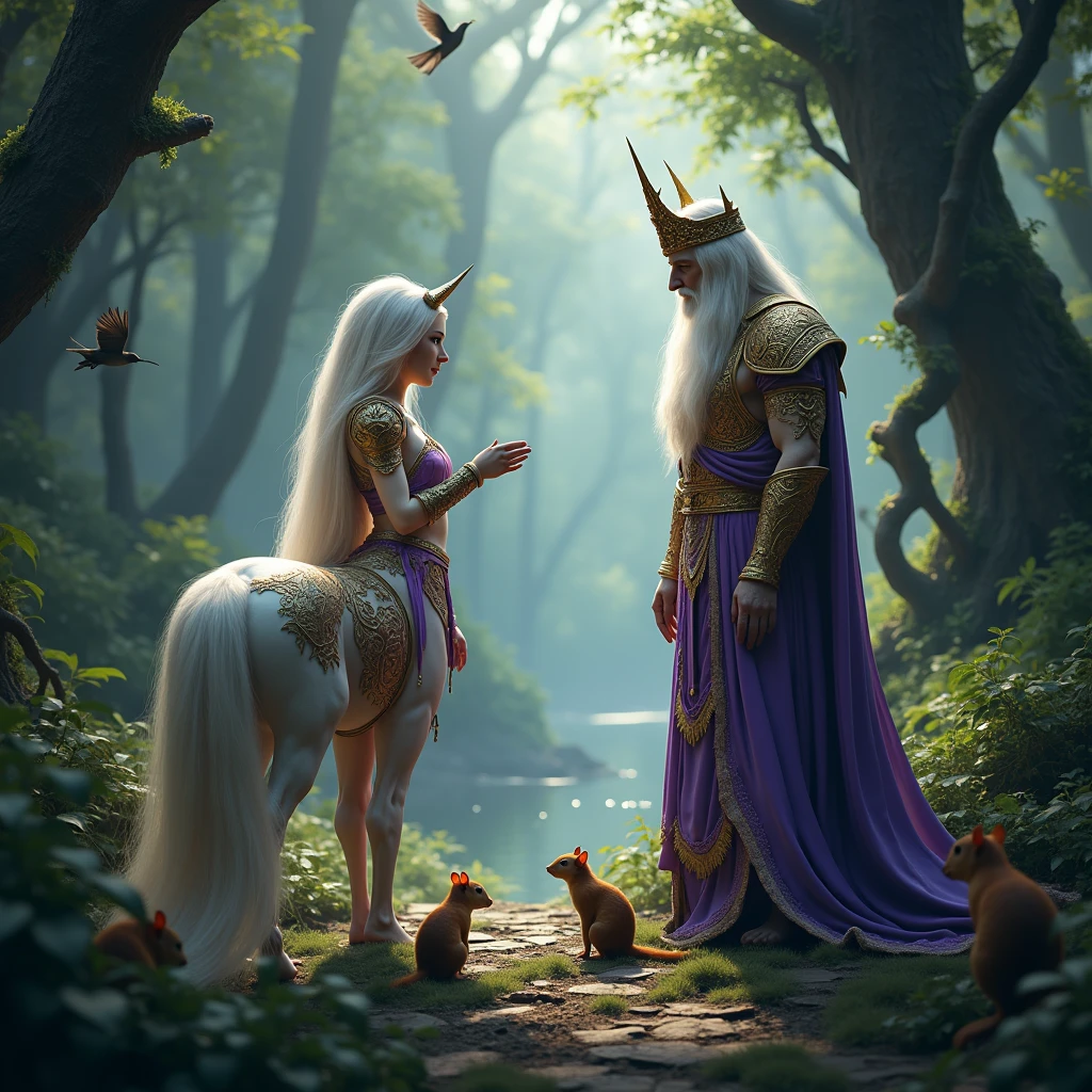 core_9,score_8_up,score_7_up,dramatic lighting,highly detailed,high budget,bokeh,cinemascope,moody,epic,gorgeous,film grain,grainy,masterpiece,best quality,perfect anatomy,very aesthetic,official art,8k, Shine and Clarity, centaur, horse legs, Backwoods,Birds fly a lot, Animals Squirrels and Mice Look at Everything That Happens, marshland, month, Creepers, a lot of details,((Centaur Girl with Curvy Shapes,Big Breasts are covered in armor, Light Armor with Violet Gold Patterns, long hair, There stands the Majestic, Bows Her Head Before the Sage Who Places on Her the Crown of Sparkling Diamonds)), gorgeous, Background in the Deep Forest, Very Beautiful Views, masterpiece, Best quality, maximum details, complex parts, Sparkle and Glitter, majestic painting,
