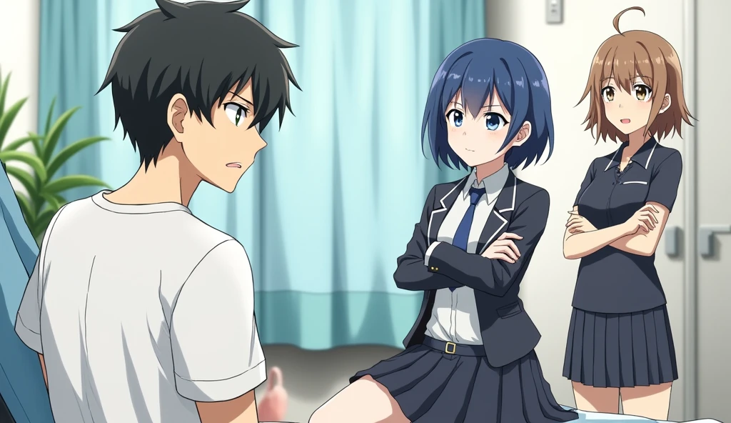 masterpiece:1.6, best quality), finely detailed beautiful eyes: 1.2), colorful, shinkai makoto, kimi no na wa., 1boy, green hair, muscular, brown eyes, school uniform, boy caressing girl's body, breast groping, breast grope, hold breast, 1girl, bangs, short hair, blush, school uniform, indoors, sit, sitting on bed , bed,bedroom, lamp, cowboy shot, face to face