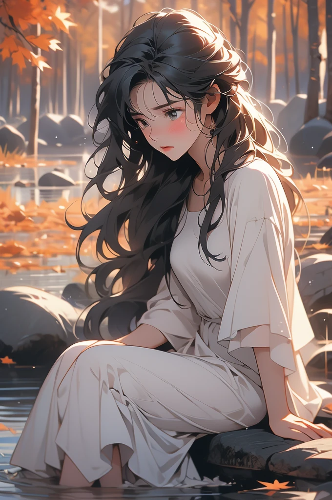 1 girl, cold bog, finland, autumn, black hair, white dress, sitting on a stone, crying, sad