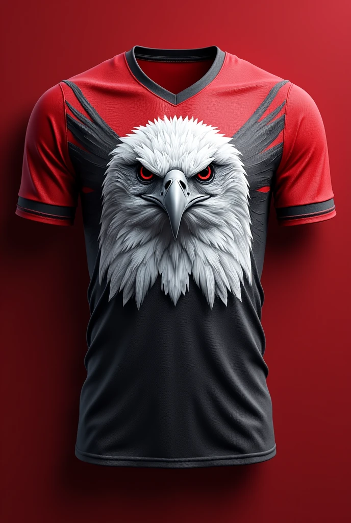 "Generate a sports jersey with a large, fierce eagle design on the front, using sharp and detailed feather strokes in shades of white and gray. The eagle should be the main focus, placed against a rich red backdrop. The jersey should feature a simple V-neck collar and red sleeves. Add a small badge-like emblem above the eagle's head on the left side."