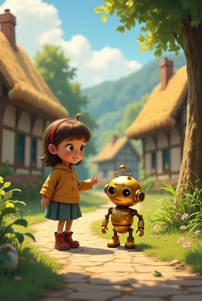 A and a little golden robot in a village