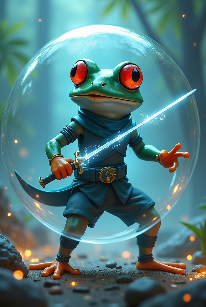 Bubble ninja frog with red eyes and keeping a lighting sword