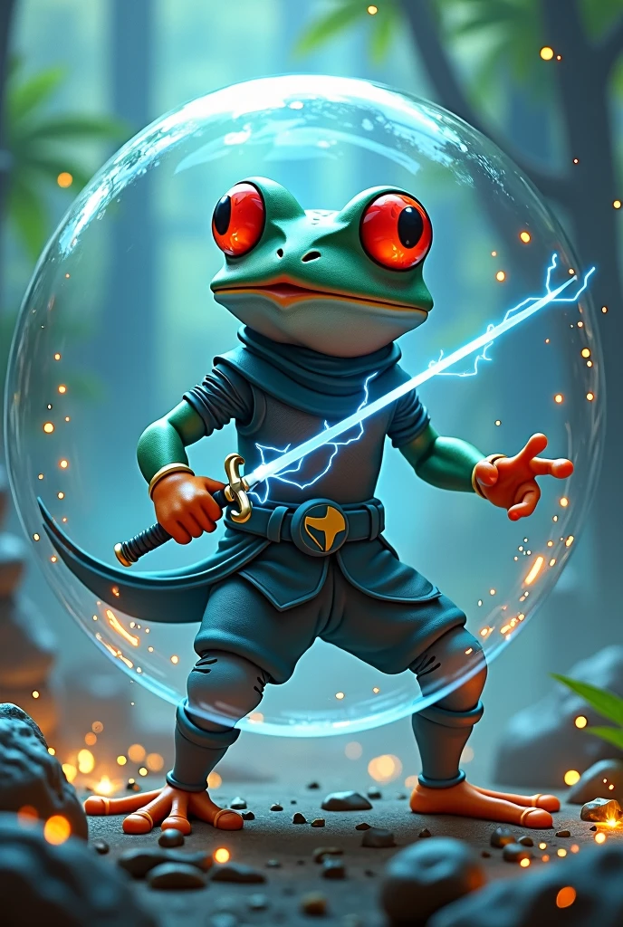 Bubble ninja frog with red eyes and keeping a lighting sword 