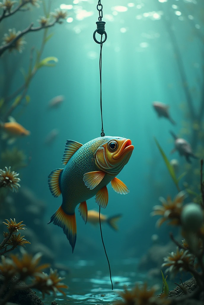 Fish in water hooked on a hook