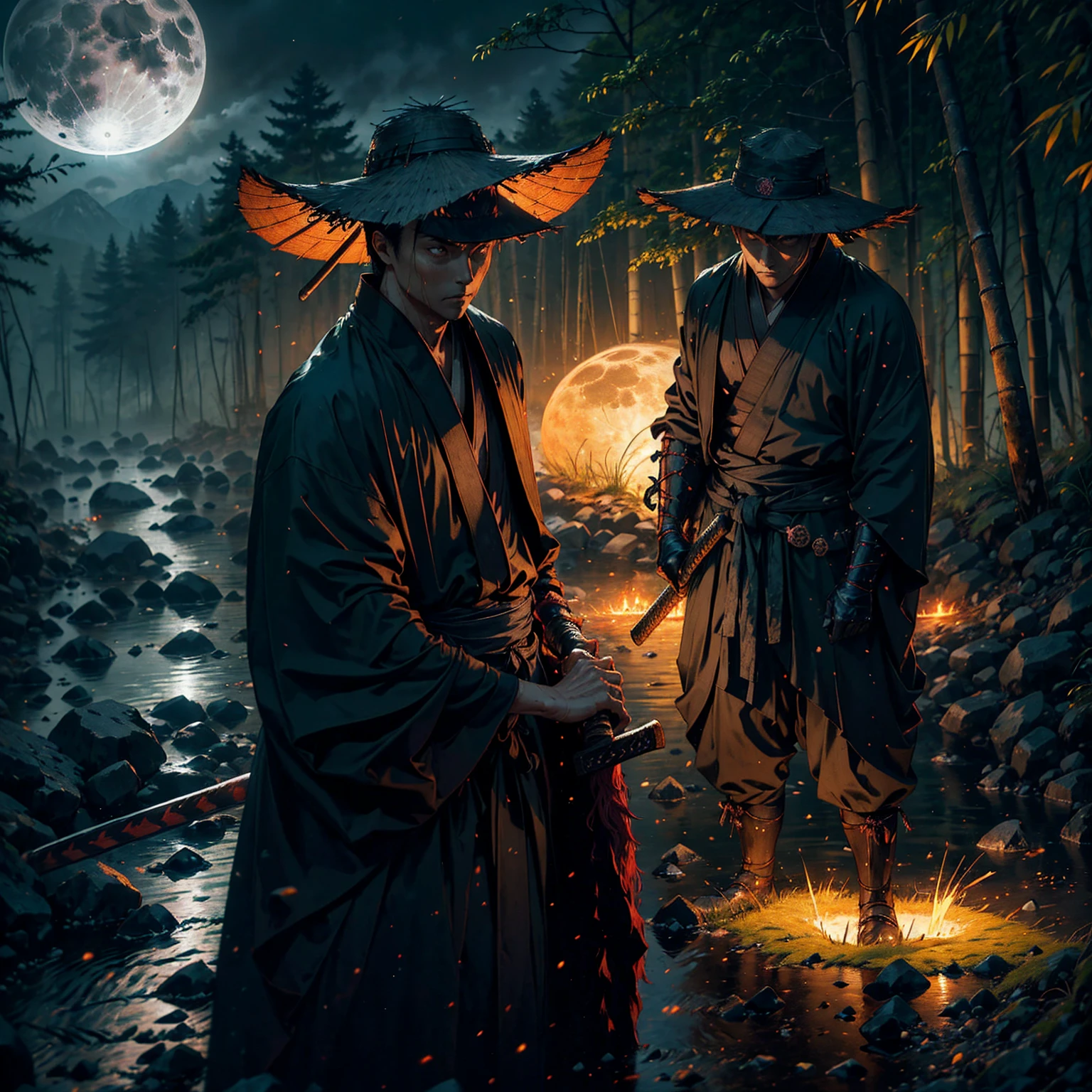 (Best quality,Ultra detailed),Dark,wet,artificial raindrops falling,ancient japanese warrior standing in the rain,japanese traditional bamboo hat(failure),dense forest landscape,majestic and serene nature,the full moon shines brightly in the night sky,black kimono with fluorescent red stripes, glowing in the moonlight,samurai sword sharpened and drawn(katana),