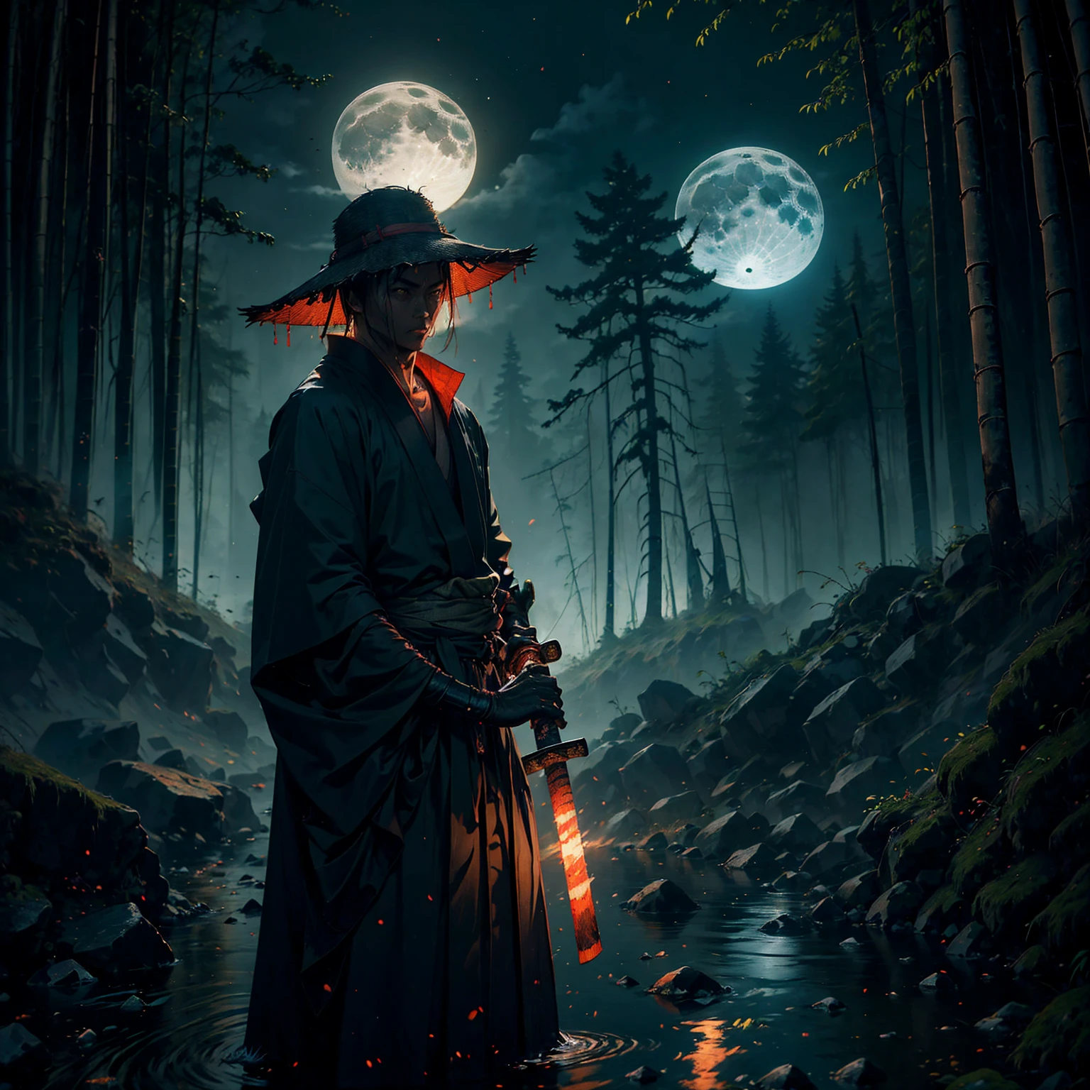 (Best quality,Ultra detailed),Dark,wet,artificial raindrops falling,ancient japanese warrior standing in the rain,japanese traditional bamboo hat(failure),dense forest landscape,majestic and serene nature,the full moon shines brightly in the night sky,black kimono with fluorescent red stripes, glowing in the moonlight,samurai sword sharpened and drawn(katana),