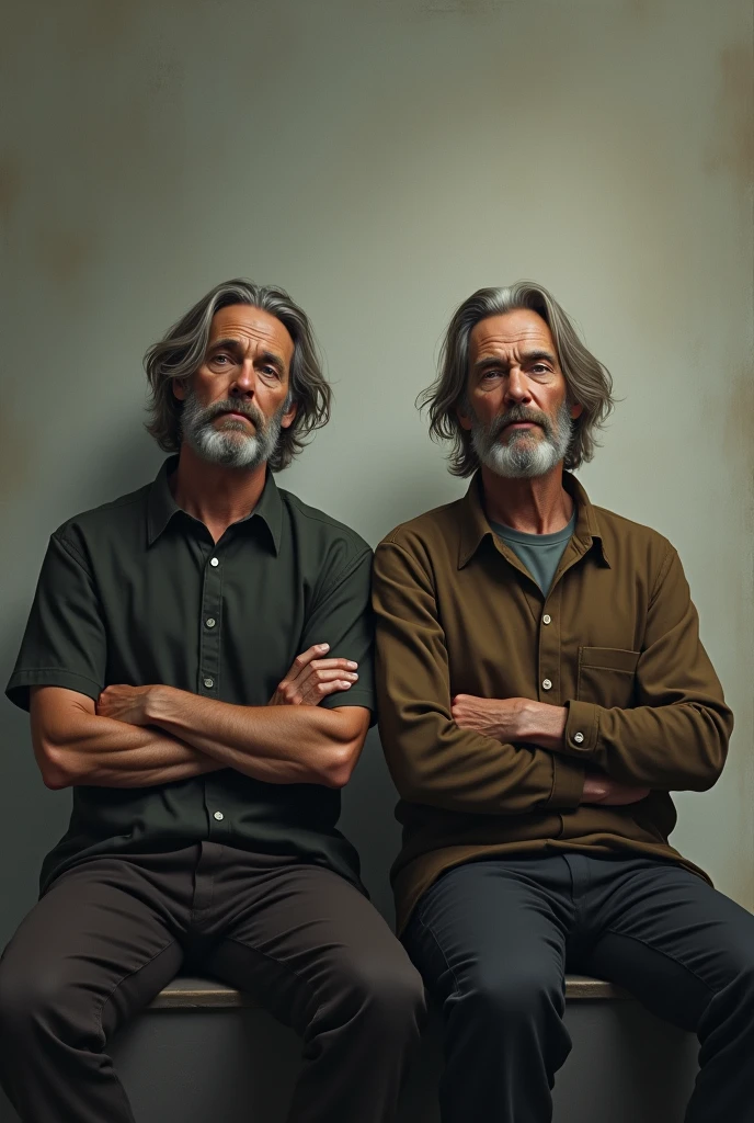 A 2 man sat with his arms crossed, hair hanging down his angular face., look mature