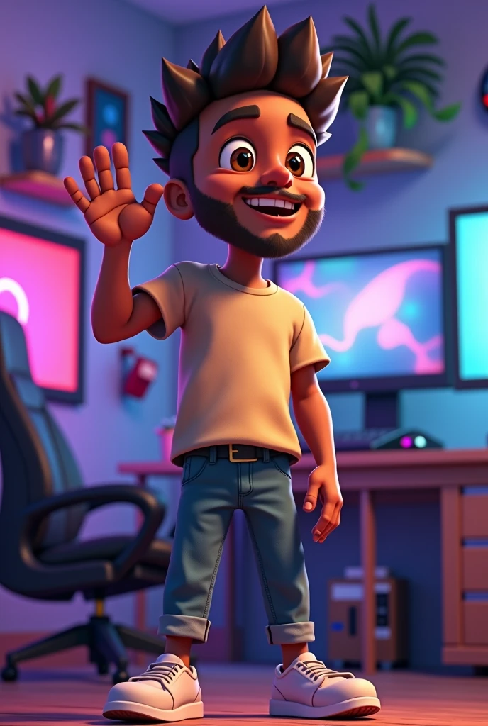 4d cartoon of a black man, 20 year old Bahian who is not thin, neat hair is not stylish, clean face, Wear casual clothes, t - shirt, standing in the gamer room, right hand waving, left hand attached to the waist. For large and close-up images. high resolution.