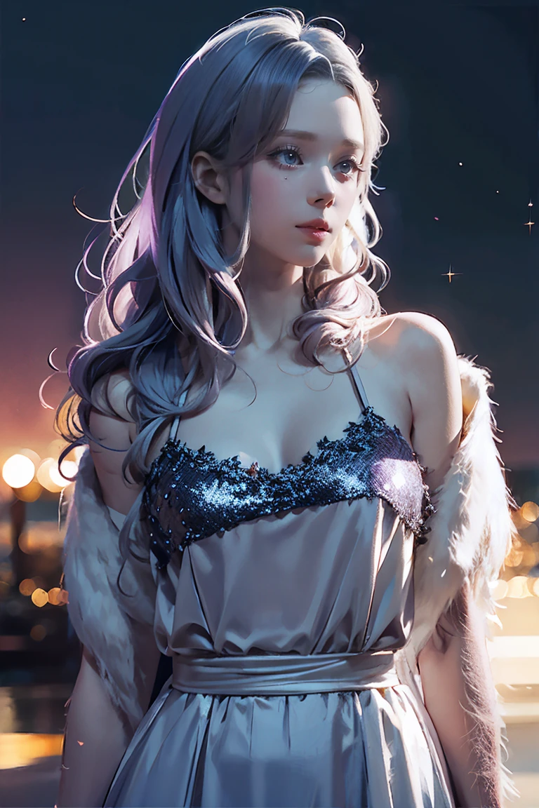 Highest quality, masterpiece, Ultra-high resolution, (Realistic:1.4), RAW Photos, Aesthetics and atmosphere, Dark Shot, Film Grain, Soft Focus, Bokeh, Night Shots, masterpiece realistic volumetric light,,One girl, Purple eyes, Gray Hair, Curly Hair, Grin, (freckles:0.8), thigh, Medium chest, Upper Body, (Sparkling:1.3) Sequin Long CNS Dresses, ray tracing reflection, Desert street, path, City lights, Beautiful sky, Relying on the wall, From the side,NSFW,Large Breasts, Small waist