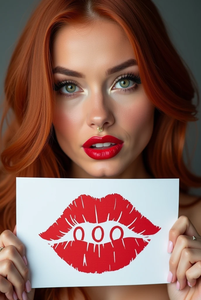 close-up, extreme close-up, close-up portrait, portrait, close-up on her lips, ultra realistic, photography, long straight red hair, (30 years old, green eyes, hourglass figure, perfect body, natural medium breasts), firtatious look, glossy shiny red lipstick, femme fatale, she is a sex icon, she is a sex goddess, long eyelashes, cat-eye make-up, focus on her eyes, highlight her lips, her eyes focus the camera and her lips are slightly parted, wearing diamond jewelry, holding up a white sign with a red kipstick kiss on it and the Number "1 0 0 0" written over it, she is blowing a kiss towards the camera