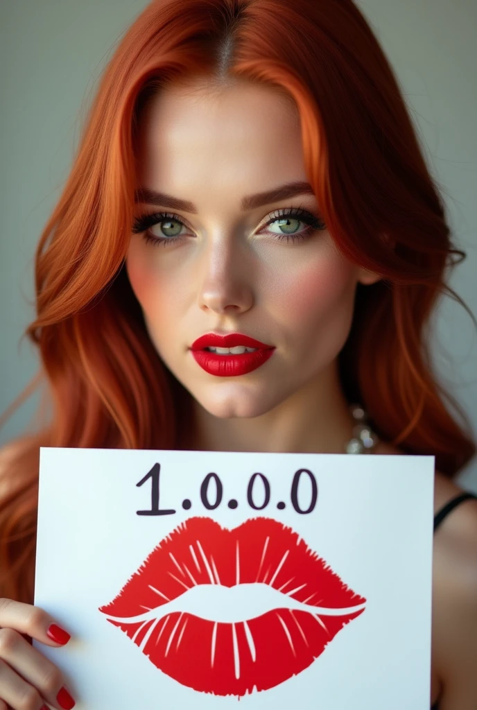 close-up, extreme close-up, close-up portrait, portrait, close-up on her lips, ultra realistic, photography, long straight red hair, (30 years old, green eyes, hourglass figure, perfect body, natural medium breasts), firtatious look, glossy shiny red lipstick, femme fatale, she is a sex icon, she is a sex goddess, long eyelashes, cat-eye make-up, focus on her eyes, highlight her lips, her eyes focus the camera and her lips are slightly parted, wearing diamond jewelry, holding up a white sign with a red kipstick kiss on it and the Number "1 0 0 0" written over it, she is blowing a kiss towards the camera