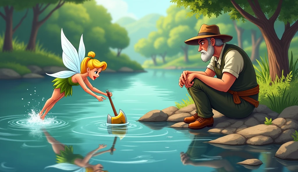 Poor woodcutter sit on the bank of river and fary go in to water She dived into the river and brought up a silver golden axe cartoon