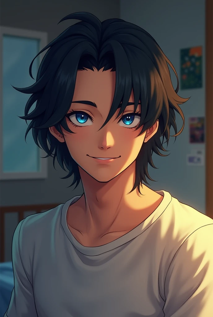 A 1 guy, highschool/University student, handsome, long black hair, pale skin, blue eyes, standing in a dorm room, casual clothes, cocky smile, rival, enemy, close up, realistic