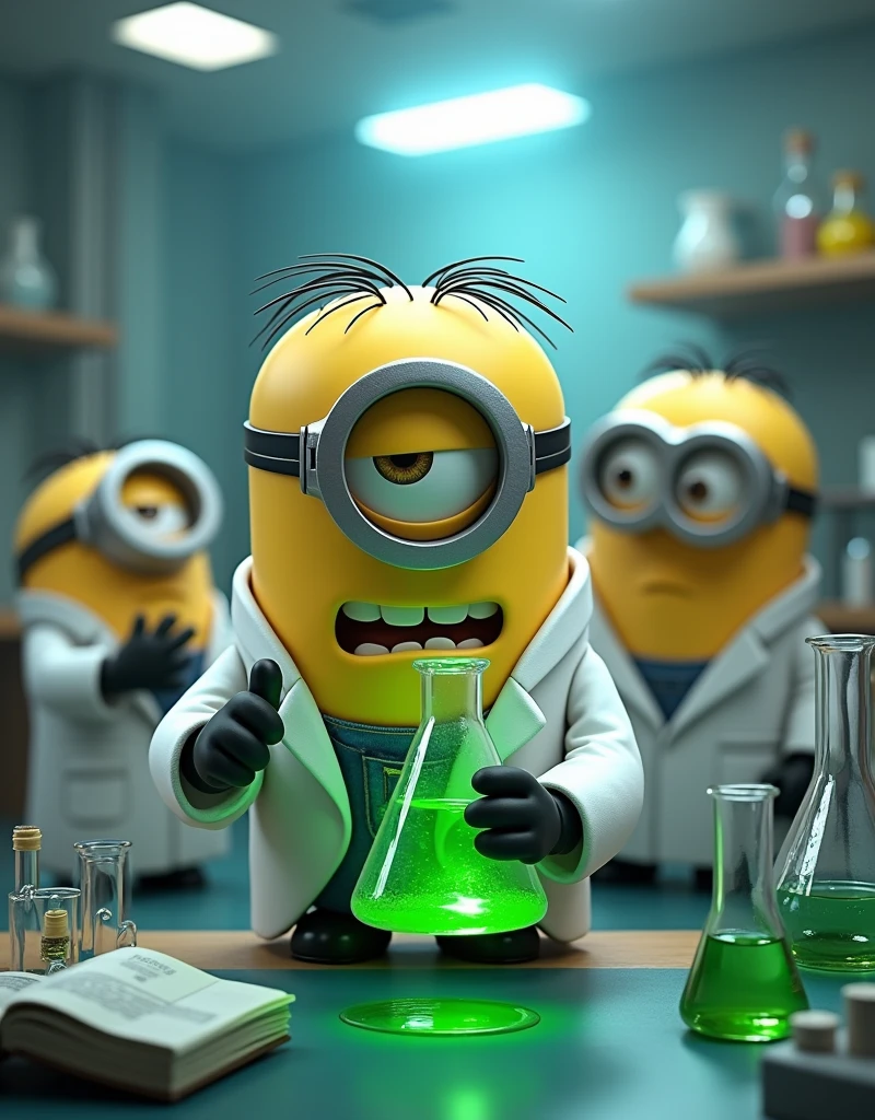 In the laboratory, Minion Bob, the scientist, holds a green chemical in his hand and drinks it. . Kevin and struart in scientist suits stand behind looking 
