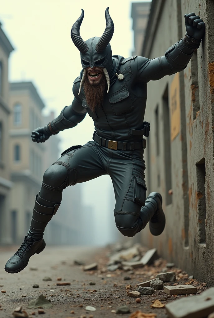 Man wear domino mask grey spandex latex cargo jumpsuit. Skinny body. Background city. Bombing background. Very epic kicking wall one leg . Jumping pose . Fighting pose. Muay Thai posing. Wear goat helmet. Long beard . Big teeth. 
