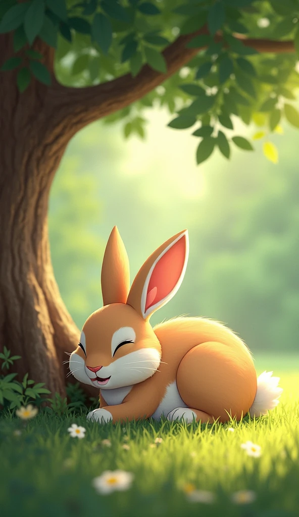 The rabbit, confident of winning, takes a nap under a shady tree