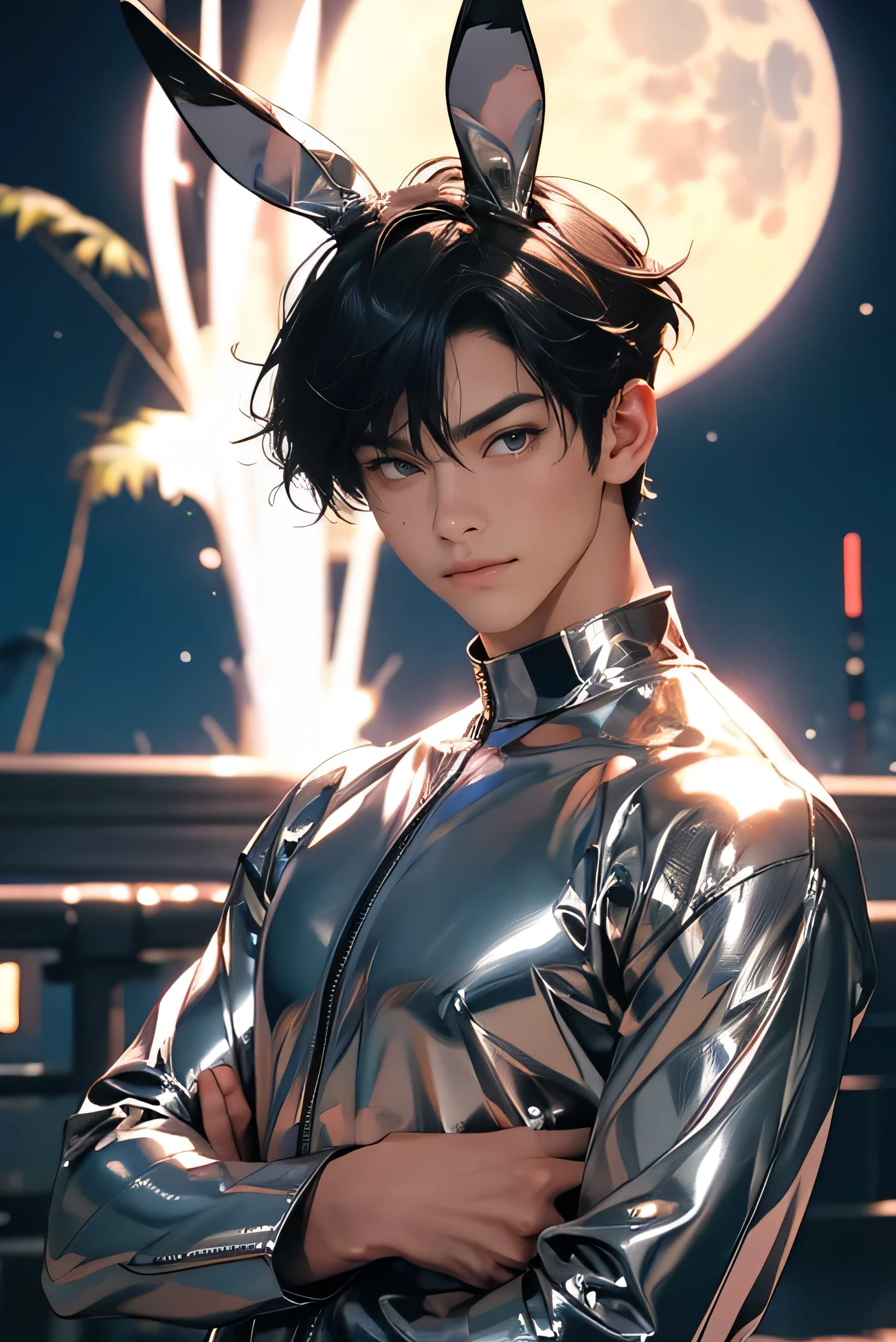 　Japanese　　Handsome model　Fierce　　2　male　　smile　　　Black Hair　　Short cut　Short hair　　　looking at the camera　　　　　Shiny full-body silver suit　　Shiny silver latex suit　　looking at the camera　future world　 　Background full moon　Upper Body　Face close-up　　Bunny ears　　　Mochi pounding　　　Upper Body　Face close-up　　Bunny ears