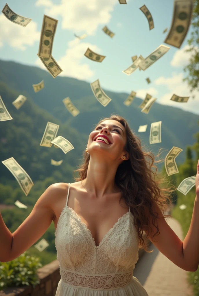 A beautiful Italian girl smiles happily, looks up, and spreads her arms, waiting to receive money, which is falling from the sky in large amounts. 