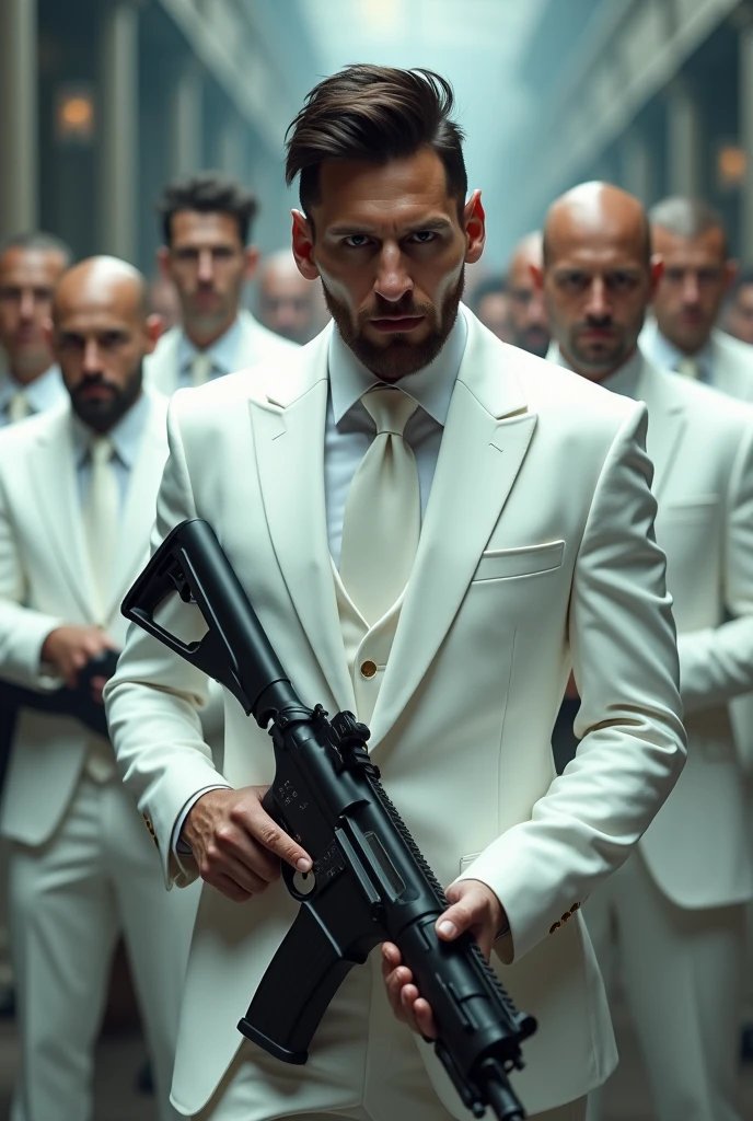 Messi is a gangster wearing white dress with a big gun with some men.They also wearing white dress.