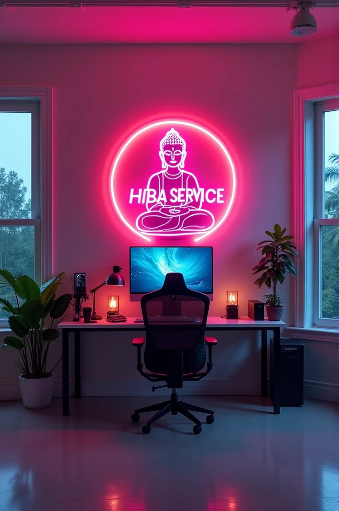 create a studio room with computer setup inside, on the wall behind as a brigh neon glowing text says HBA SERVICES un buddha image 