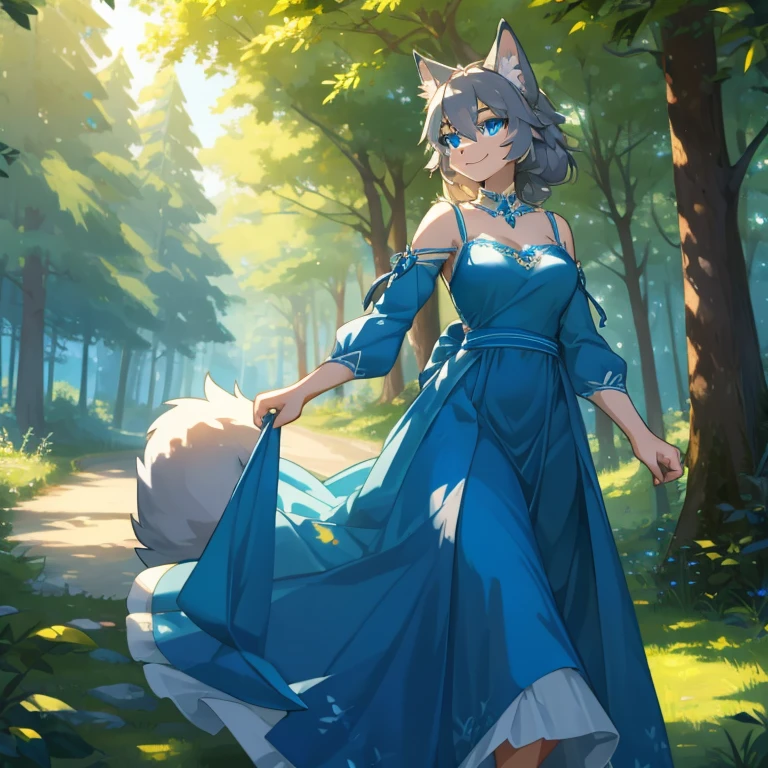 Masterpiece, best quality, high quality, 1Anthro Female wolf, has grey fur on her body, has 1Wolf tail, has Blue eyes, beautiful detailed eyes, wears Blue Long dress, Smile, walking, in the forest, sunny day