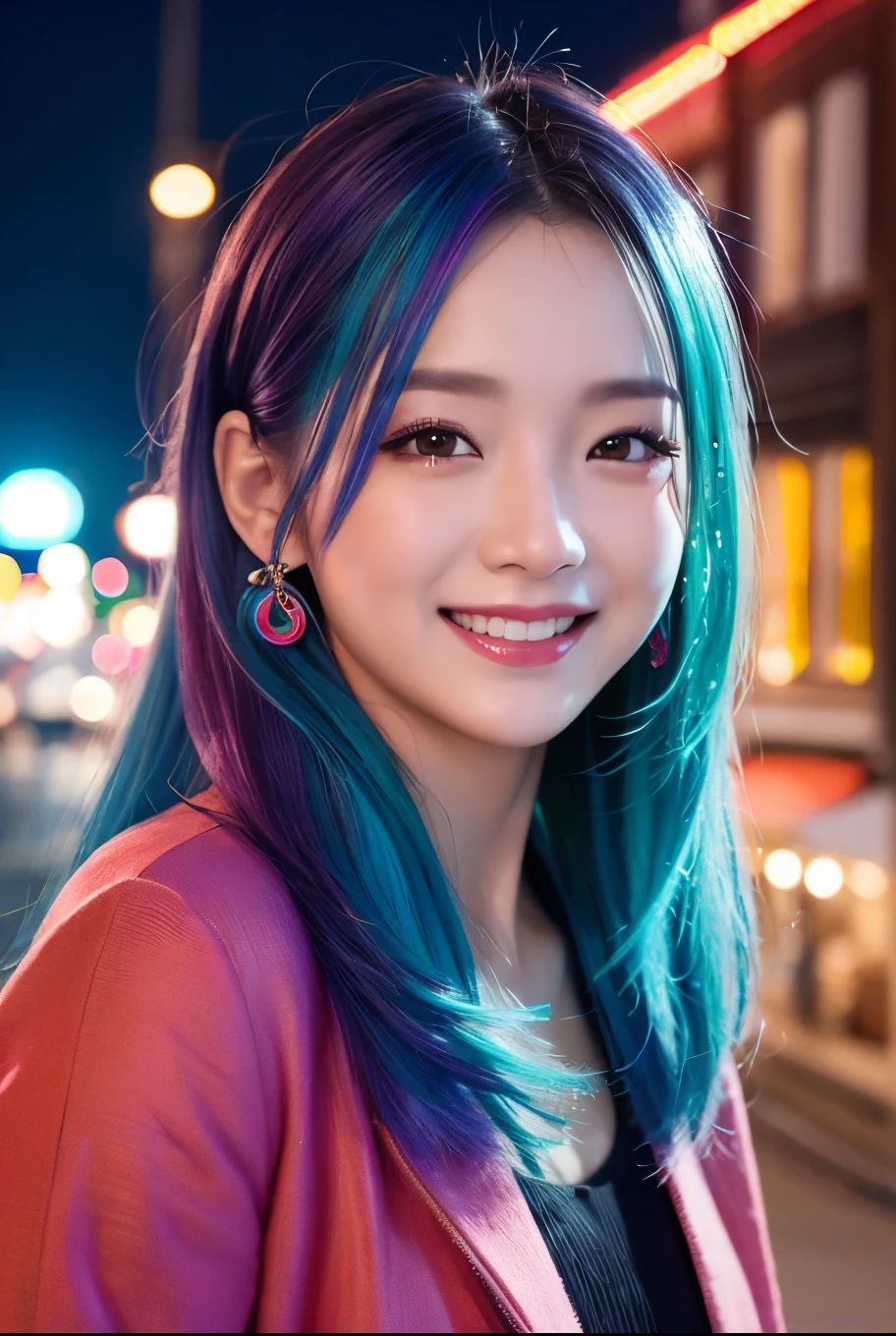 high quality, real、High resolution, Realistic、8k、masterpiece, detailed.impressive, Cutting-edge female photography portraits、Happy expression、smile、Looking at the camera、cyan, and purple, Her vibrant makeup really catches the eye.. Her colorful hair is tied up high、Various hair colors、Neon Town、night