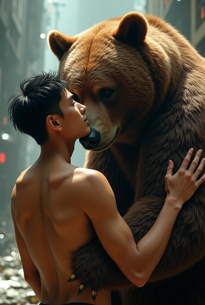 (photorealism:1.2), beautiful Malay twink guy shirtless, hugging a man-sized cyberpunk brown bear.