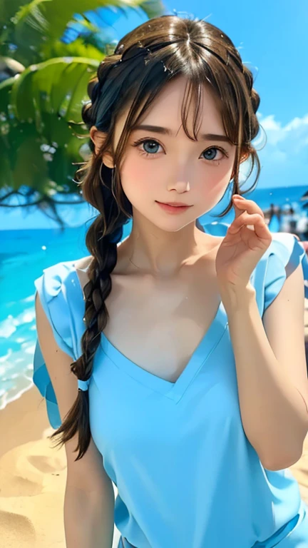 parfect anatomy、top-quality、masuter piece、Ultra-detail、8k、solo、 student、1 girl in、Brown-eyed、Braids、V-neck T-shirt、Natural look、Beautiful collarbone、Cute look、Blue Sea、blue open sky、sand beach、(((The background is blurry and you can't see anything:1.3)))
