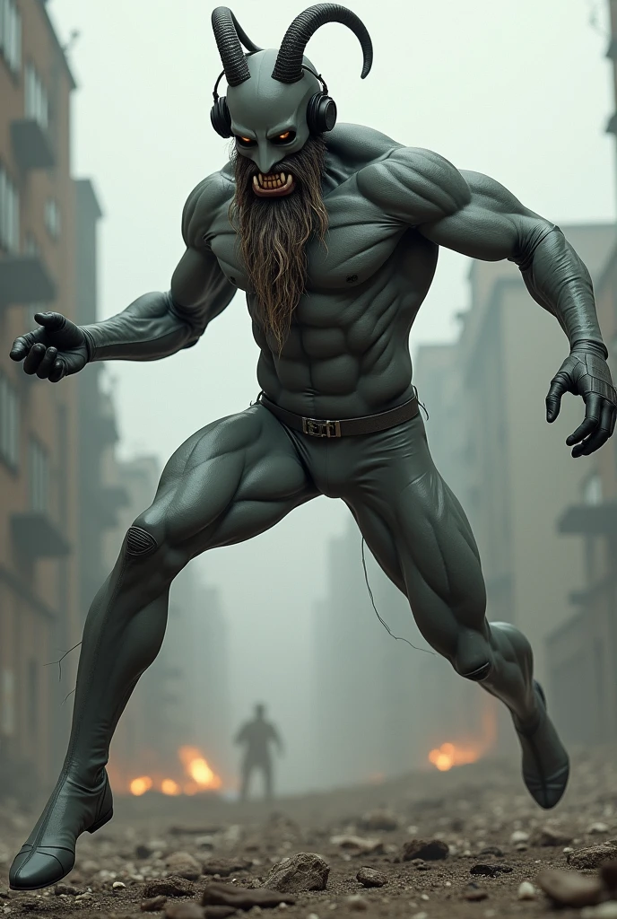 Man wear domino mask grey spandex latex cargo jumpsuit. Skinny body. Background city. Bombing background. Very epic kicking wall one leg . Jumping pose . Fighting pose. Muay Thai posing. Wear goat helmet. Long beard . Big teeth. Wear headphone. 