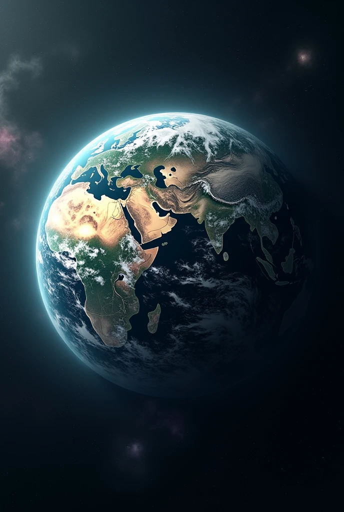 generate a fictional map like it is captured from outer space that is 600,000 sq km wide, has four seasons and mountain boundaries, 