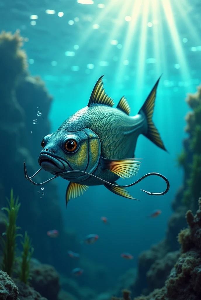 Fish in water swimming hooked on a hook