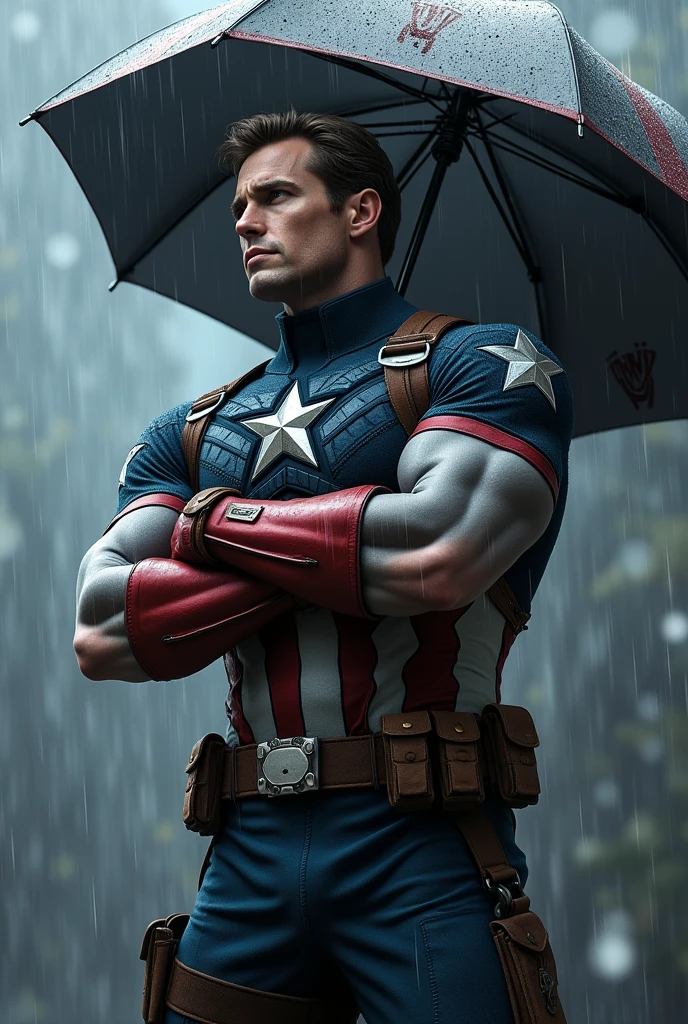 Captain America with his arms crossed and an umbrella and it&#39;s raining 