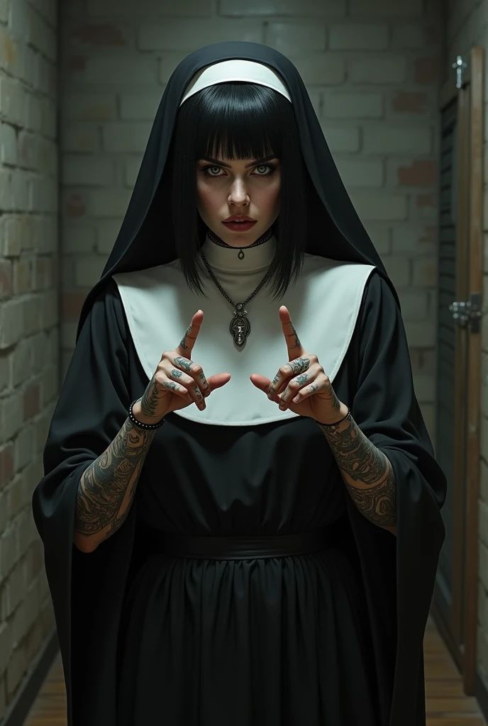 Tattooed black haired nun making obscene gestures