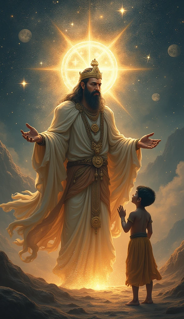 Yama is depicted in a serene and enlightened state, radiating a soft, divine light. He gestures towards Nachiketa with open hands, revealing the secrets of life, death, and the eternal soul. Nachiketa listens intently, his face illuminated with understanding and awe. The background is filled with celestial symbols, stars, and the cosmos, symbolizing the eternal nature of the soul.