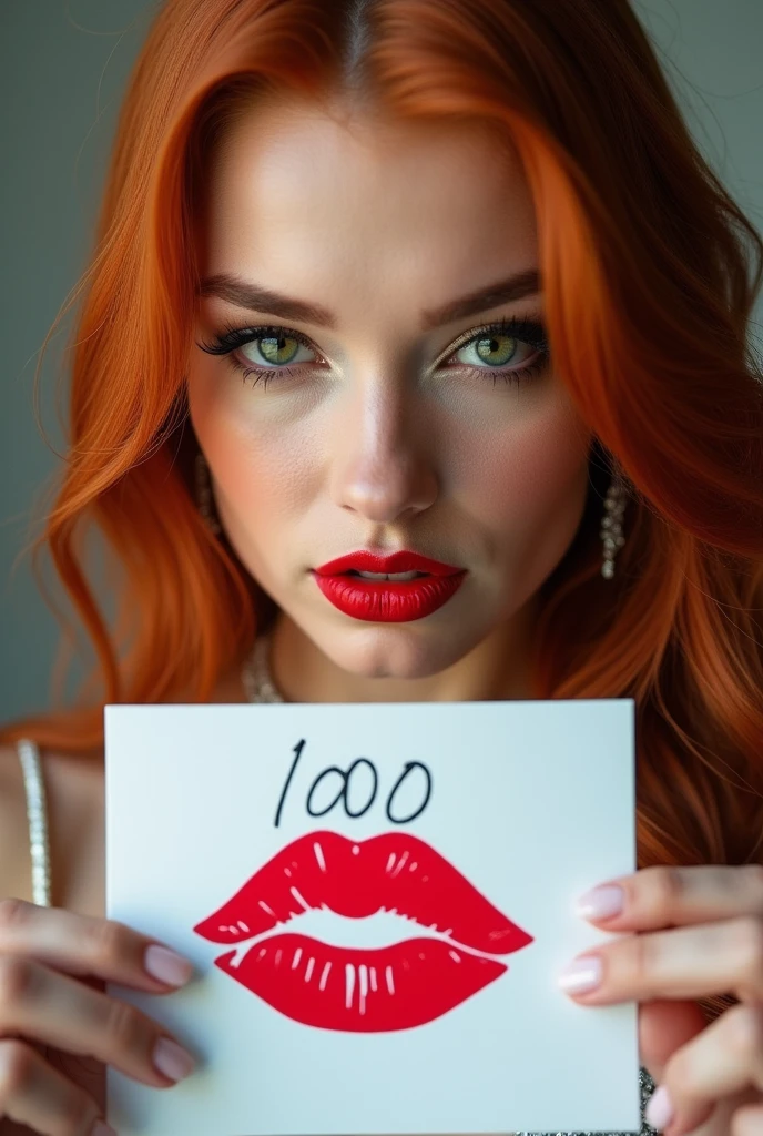 close-up, extreme close-up, close-up portrait, portrait, close-up on her lips, ultra realistic, photography, long straight red hair, (30 years old, green eyes, hourglass figure, perfect body, natural medium breasts), firtatious look, glossy shiny red lipstick, femme fatale, she is a sex icon, she is a sex goddess, long eyelashes, cat-eye make-up, focus on her eyes, highlight her lips, her eyes focus the camera, wearing diamond jewelry, holding up a white sign with a red kipstick kiss on it and the Number "1000" written over it, she is pouting her lips at the camera
