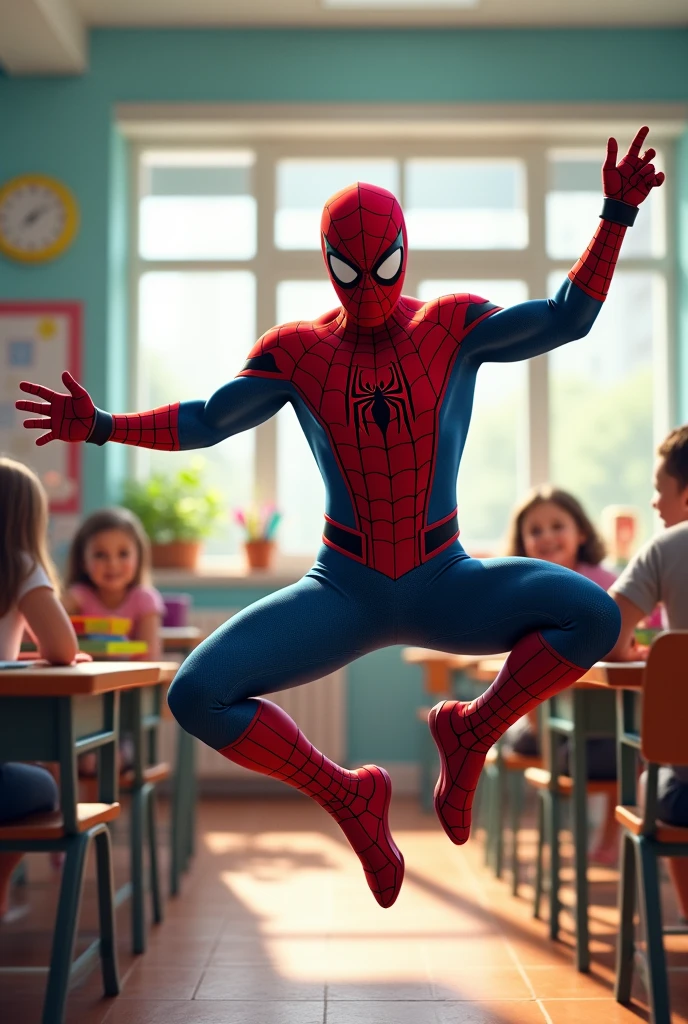 Spiderman dancing in a classroom 