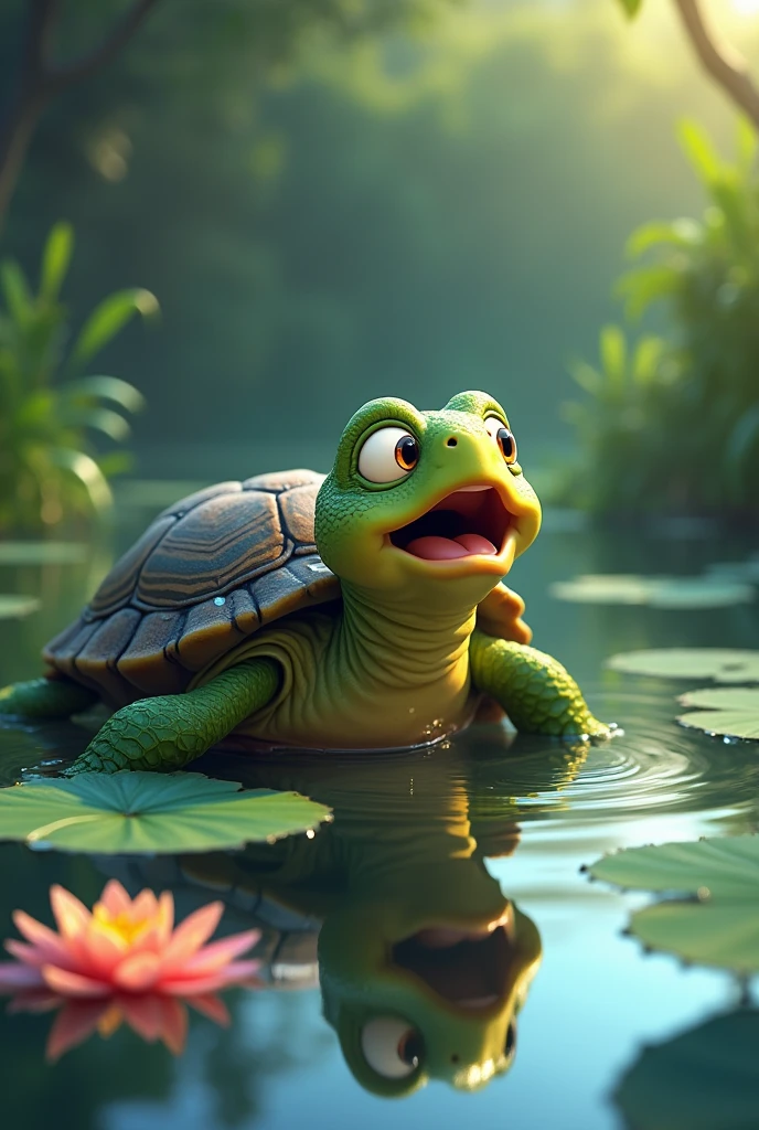  turtle shoked and think in pond 2d cartoon 