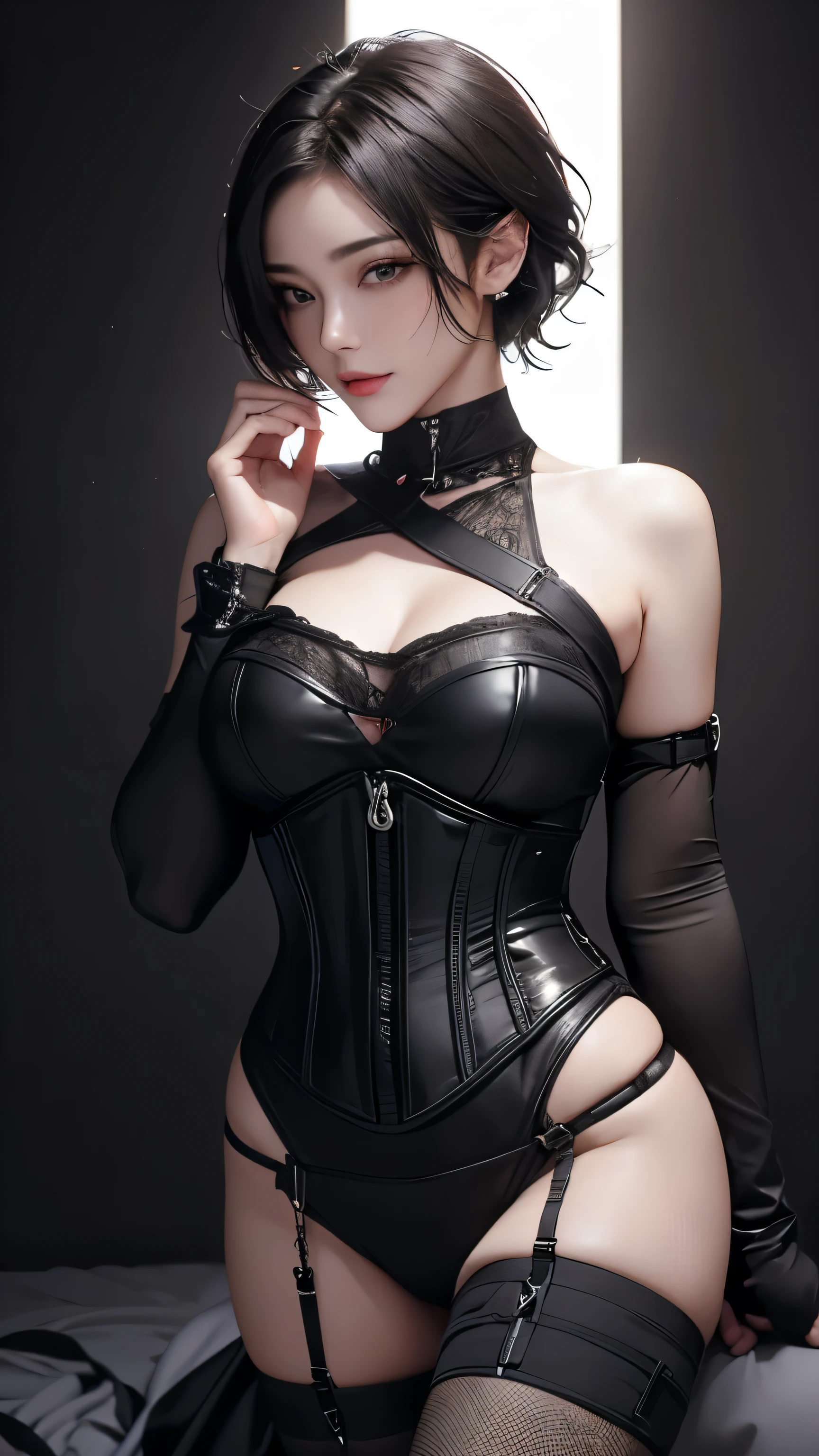 masterpiece, Highest quality, Very detailed, To the camera, Very detailed, Realistic, Sharp features, Very detailed, Sharp focus, Perfect Face, Perfect Face, Perfect symmetry and perfect eyes, Perfect Plump Lips, Flexible female form, cinematic, Film Light, Very detailedな, hyper Realistic, masterpiece, Atmospheric, High resolution, Vibrant, Dynamic Studio Lighting, ((Dark Background)), The facial expression when feeling happy, handcuffs, BDSM, slave, Rubber, Red Corset, 赤いfirst round, Browsing Caution, ((Highest quality, 8k, masterpiece: 1.3)), Sharp focus: 1.2, Beautiful woman with perfect figure: 1.4, Slim abs: 1.2, Wet body: 1.5, Very detailed face and skin texture, Detailed eyes, double eyelid, Very short hair,SM lady,m嬢,handcuffs,first round
