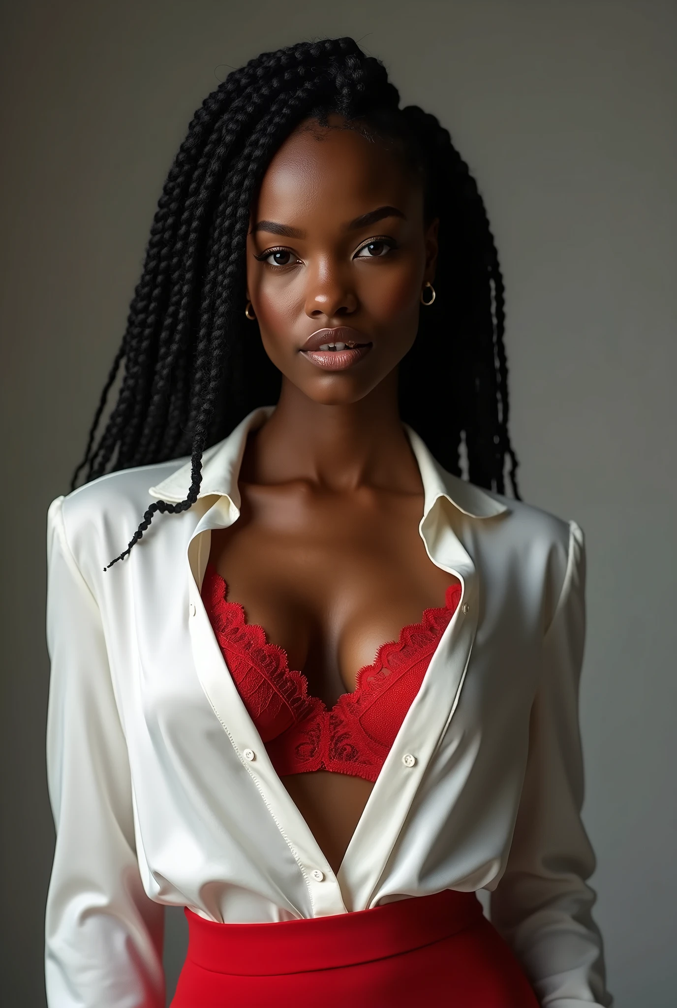 a beautiful black woman in a white silk shirt with a deep v-neck, wearing a business suit, a red lace bra peeking through, and a pencil skirt, with black afro cornrows hairstyle, (best quality,4k,8k,highres,masterpiece:1.2),ultra-detailed,(realistic,photorealistic,photo-realistic:1.37),intricate details,dramatic lighting,chiaroscuro,high fashion editorial,glamorous,cinematic
