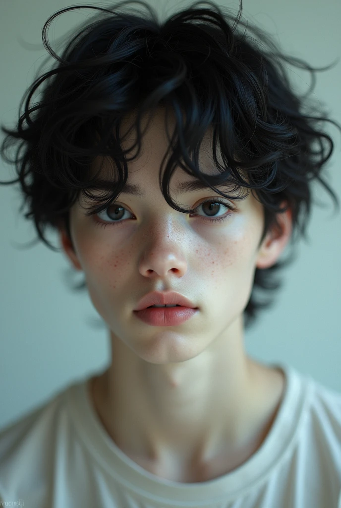 A boy with dark hair, dark black eyes, pale skin, around 20 years old with soft features