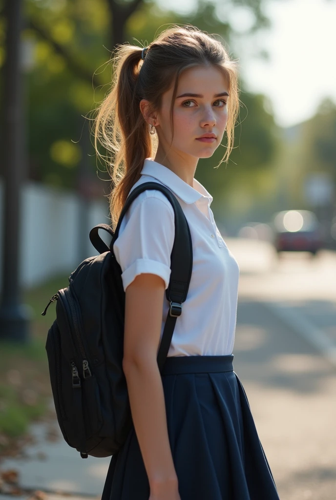 Beautiful ((White american)) girl, , (white skin), in american school uniform, realistic photo, large breasts , standing and looking back, carring a school bag on her back, american street, detailed hands and face and eyes, looking away, full body, full body shot, 16k UHD