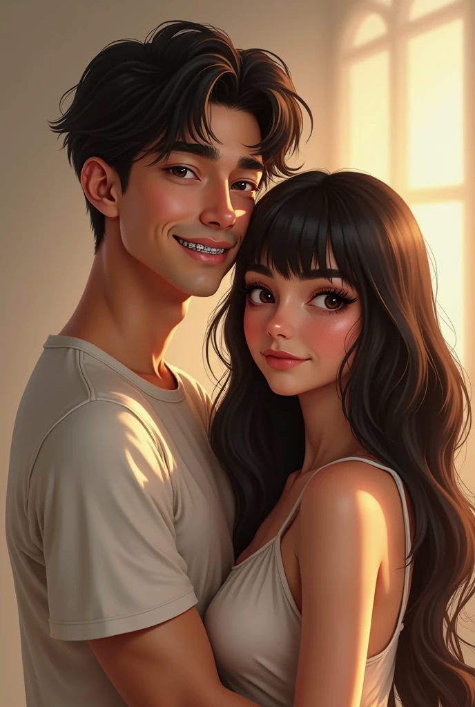 A couple, a tall man with braces and a woman with bangs and long hair.