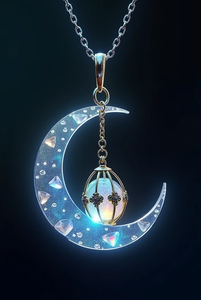 This is an enchanting crescent moon necklace, featuring a glowing, luminescent design. The crescent moon pendant is large and dominates the design, curving gracefully with a delicate filigree pattern that adds intricate detail to its surface. The crescent has a soft, radiant Rainbow glow that emanates from within, creating a magical and otherworldly effect. Hanging from the inside of the crescent moon is a small, spherical crystal, encased in an ornate, Golden metal cage. The orb also emits a faint Rainbow glow, harmonizing with the light of the crescent moon. The metal cage surrounding the orb is intricately designed, with delicate swirls and loops that add a touch of elegance and complexity. The pendant is attached to a fine, silver chain that complements the overall design. The chain is simple and unobtrusive, allowing the focus to remain on the glowing crescent moon and orb pendant. The overall aesthetic of the necklace is mystical and celestial, perfect for someone who appreciates unique, fantasy-inspired jewelry with a touch of magic.