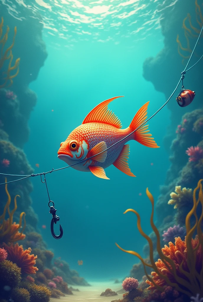 Fish in water swimming hooked to a hook with fishing line