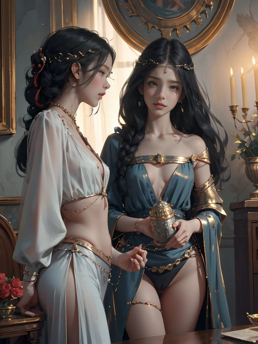 2girl, 2 girl, waist up, concept art, [shu qi:ancient queen:1], grabbing vagina, masturbating touching her breast naked her vagina no panties, Ruff, Anklet, Makeup, loop lighting, 80mm, official art, unity 8k wallpaper, ultra detailed, aesthetic, masterpiece, best quality, photorealistic