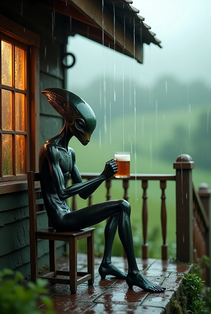 An alien sits drinking beer on the porch of a cottage in the rain.