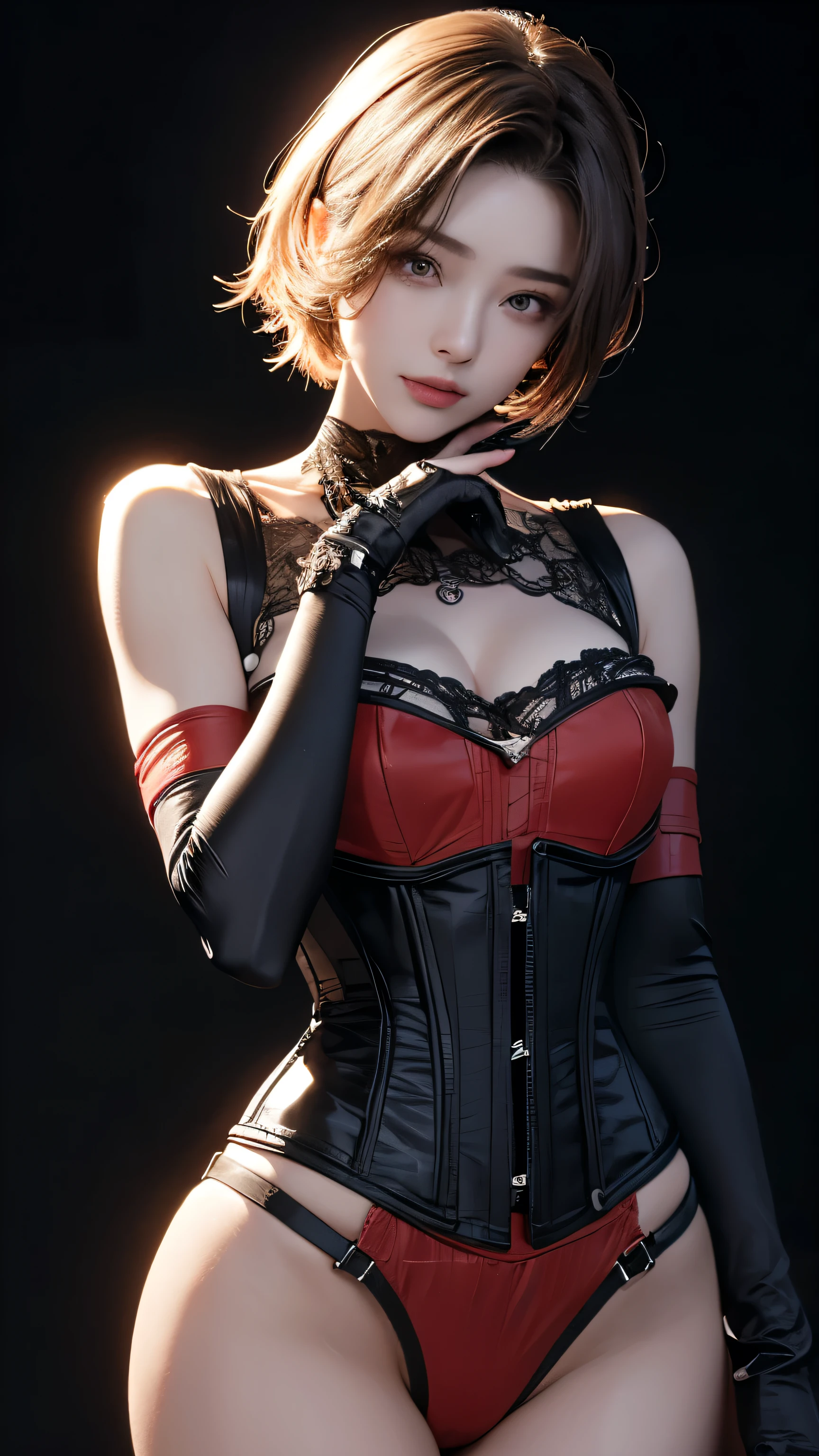 masterpiece, Highest quality, Very detailed, To the camera, Very detailed, Realistic, Sharp features, Very detailed, Sharp focus, Perfect Face, Perfect Face, Perfect symmetry and perfect eyes, Perfect Plump Lips, Flexible female form, cinematic, Film Light, Very detailedな, hyper Realistic, masterpiece, Atmospheric, High resolution, Vibrant, Dynamic Studio Lighting, ((Dark Background)), The facial expression when feeling happy, handcuffs, BDSM, slave, Rubber, Red Corset, (赤いfirst round), ((Highest quality, 8k, masterpiece: 1.3)), Sharp focus: 1.2, Beautiful woman with perfect figure: 1.4, Slim abs: 1.2, Wet body: 1.5, Very detailed face and skin texture, Detailed eyes, double eyelid, Very short hair,((SM lady)),((m嬢)),handcuffs,first round,Red and black outfit