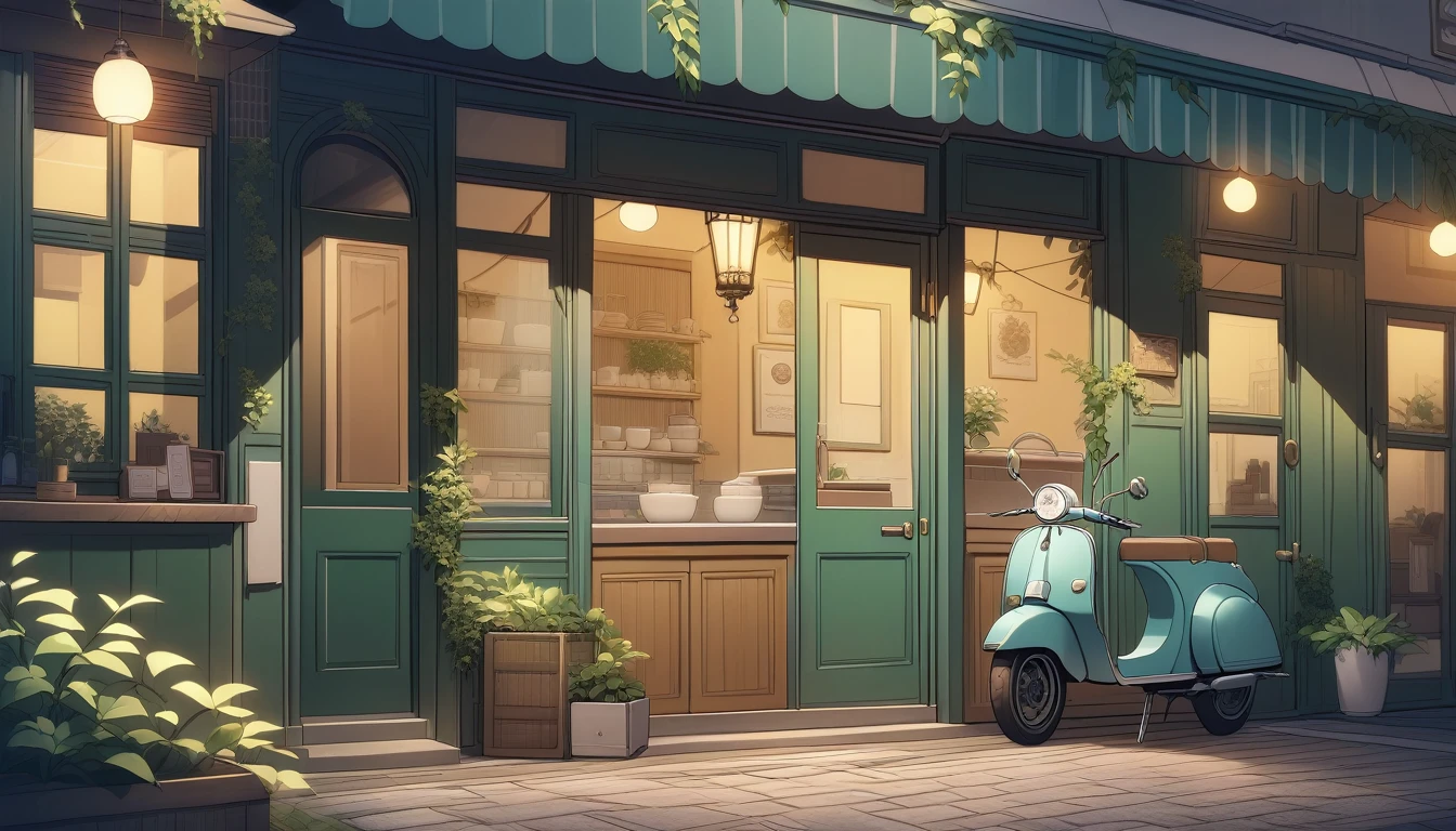 Vibrant and detailed illustration of a quaint cafe with a night charming, vintage aesthetic. The building features a two-story layout with a yellow facade adorned with lush green vines and plants. , and an inviting open door leading into the store. A green awning shades the entrance, adding to the cozy atmosphere. In front of the store, a teal scooter is parked on a cobblestone street, enhancing the nostalgic feel. The upper level has two large windows with white frames, also surrounded by greenery. The overall scene is bathed in night, natural light, creating a serene and welcoming night ambiance. The illustration is rich in detail, with a harmonious blend of colors and textures that bring the scene to life.