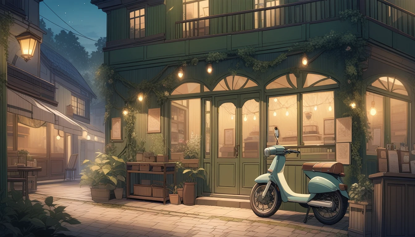 Vibrant and detailed illustration of a quaint cafe with a night charming, vintage aesthetic. The building features a two-story layout with a yellow facade adorned with lush green vines and plants. , and an inviting open door leading into the store. A green awning shades the entrance, adding to the cozy atmosphere. In front of the store, a teal scooter is parked on a cobblestone street, enhancing the nostalgic feel. The upper level has two large windows with white frames, also surrounded by greenery. The overall scene is bathed in night, natural light, creating a serene and welcoming night ambiance. The illustration is rich in detail, with a harmonious blend of colors and textures that bring the scene to life.