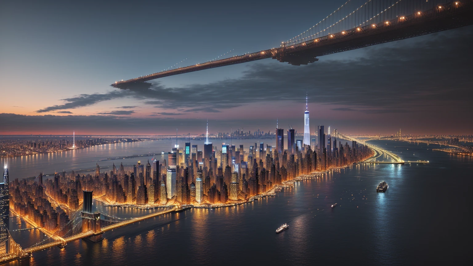 Alafud View,A city with a river and a bridge can be seen, New York City in 2100, new york in the future, Sao Paulo 20 7 0, Hyper-realistic painting, Ultra-detailed 3D painting, Ultra-detailed 3D painting, New York City as the backdrop, Matte V Ray, Realistic matte painting technology